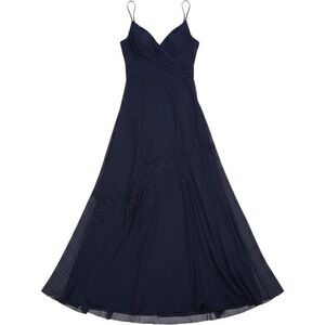 Xscape by Joanna Chen Navy Blue Beaded V-Neck Formal Evening Gown Dress Size 10